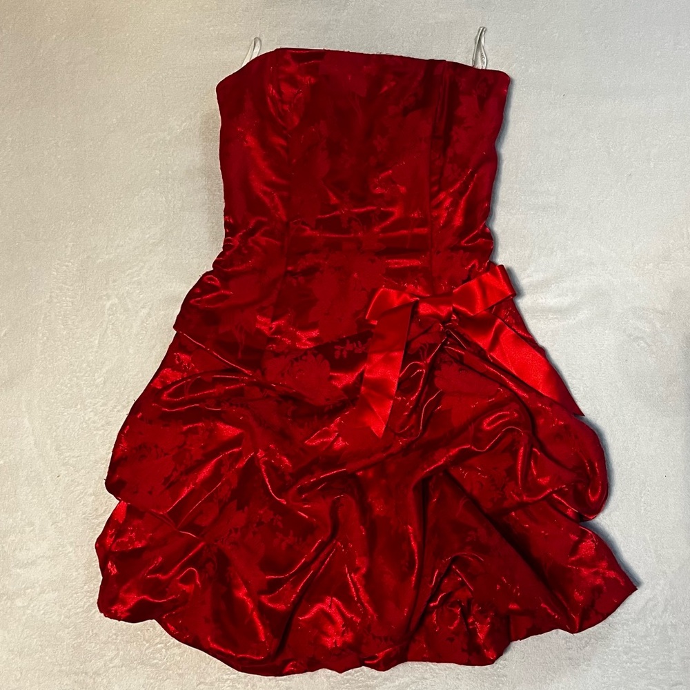 Gunne Sax Strapless Jessica McClintock Satin Red Floral Party Dress